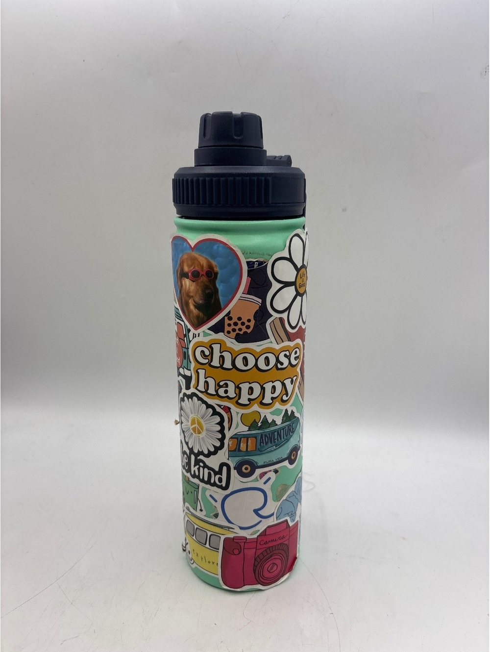 Simply Southern Mint Green Water Bottle with Colorful Stickers and Black Lid